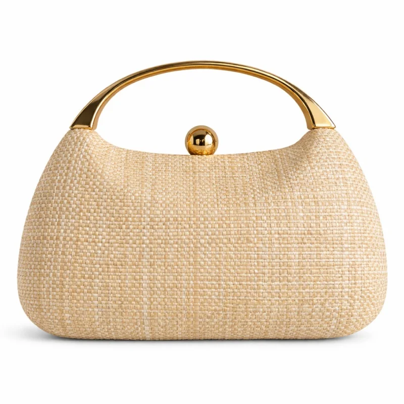 Natural Woven Hard Box Clutch Elegant Ladies Beige Gold Curved Handle Evening Handbag Summer Vacation Outdoor Wedding Purse view 2