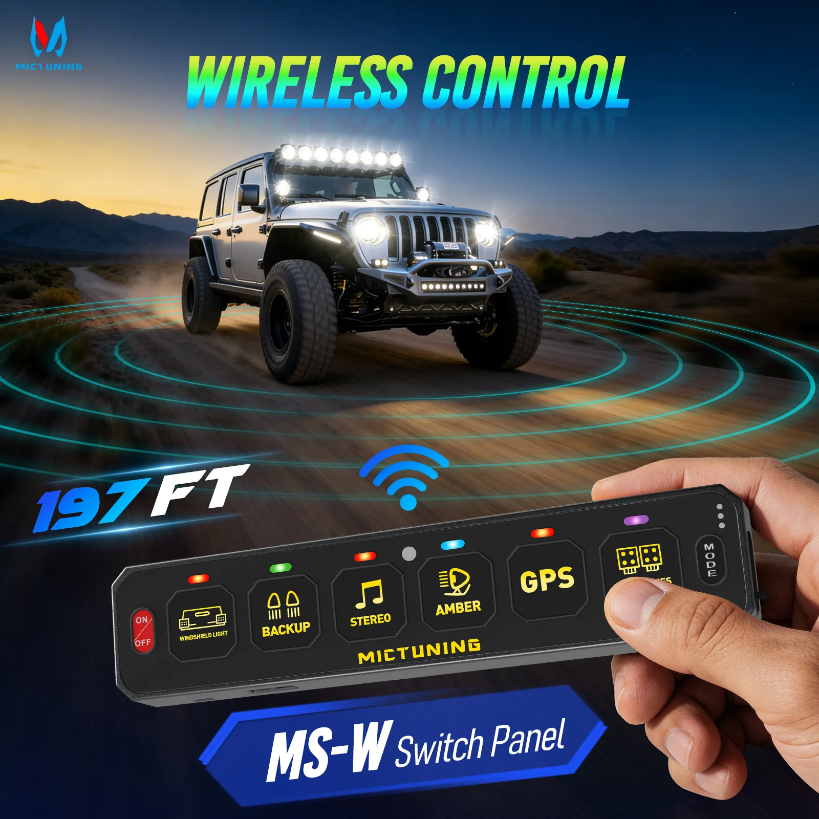

MICTUNING MS-W 6-Gang Slim Wireless Switch Panel, 197FT Range Multi-Panel Control, RGB Dimmable Backlit for 12-24V Truck Offroad