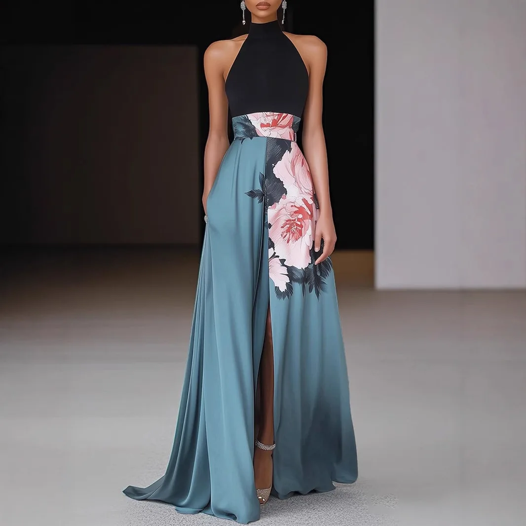 

New Women's Halterneck Dress Off-shoulder Sexy Party High-waisted Patchwork Fashion Elegant Slit Floor-length Skirt