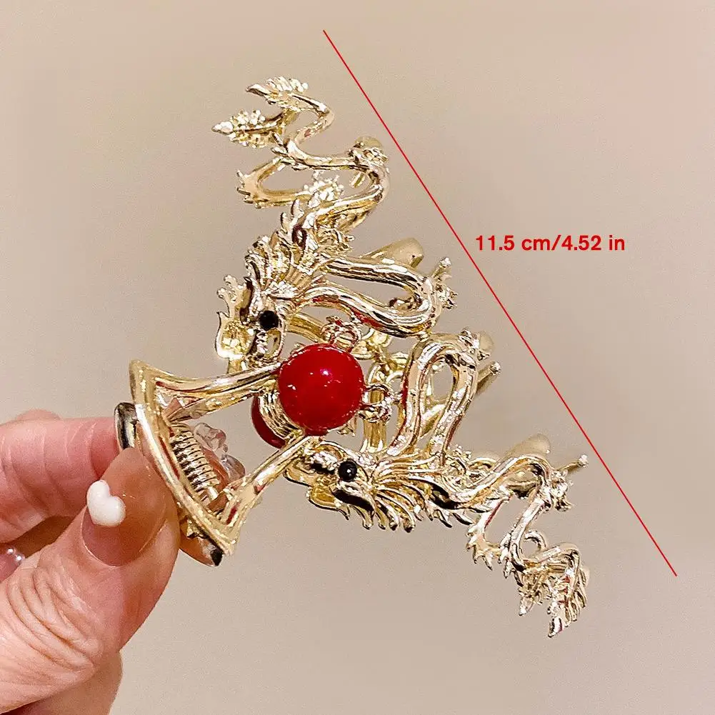 2024 New Chinese Style Dragon Year Hair Clips For Women Red Bead Rhinestone Shark Clip Noble Elegant Jewelry Hair Accessories