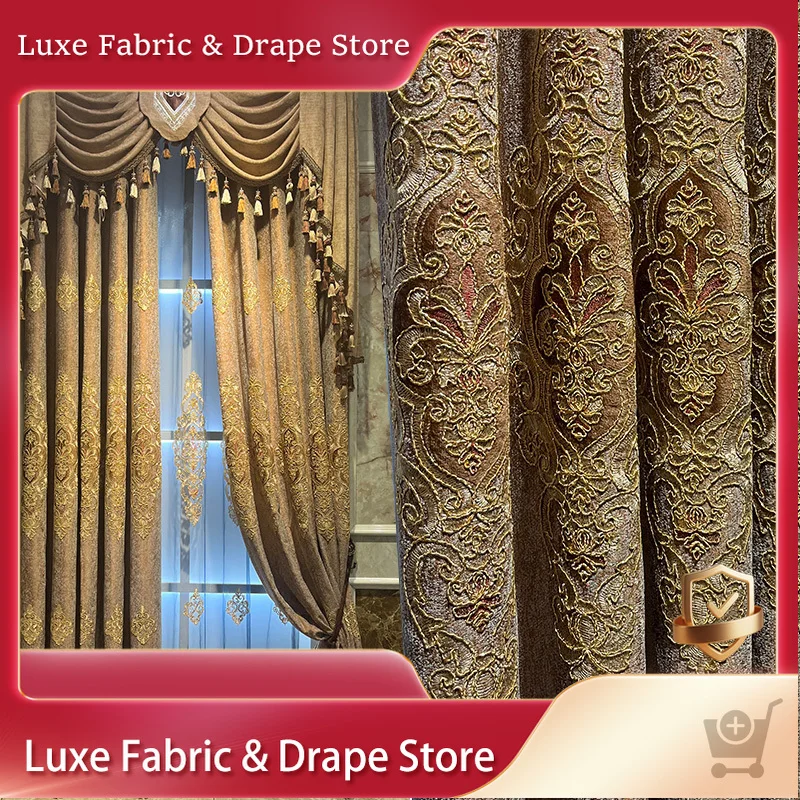 

New Luxury Coffee Colored European Curtains for Living Room Bedroom High-end Chenier Water-soluble Embroidered Gauze Customized