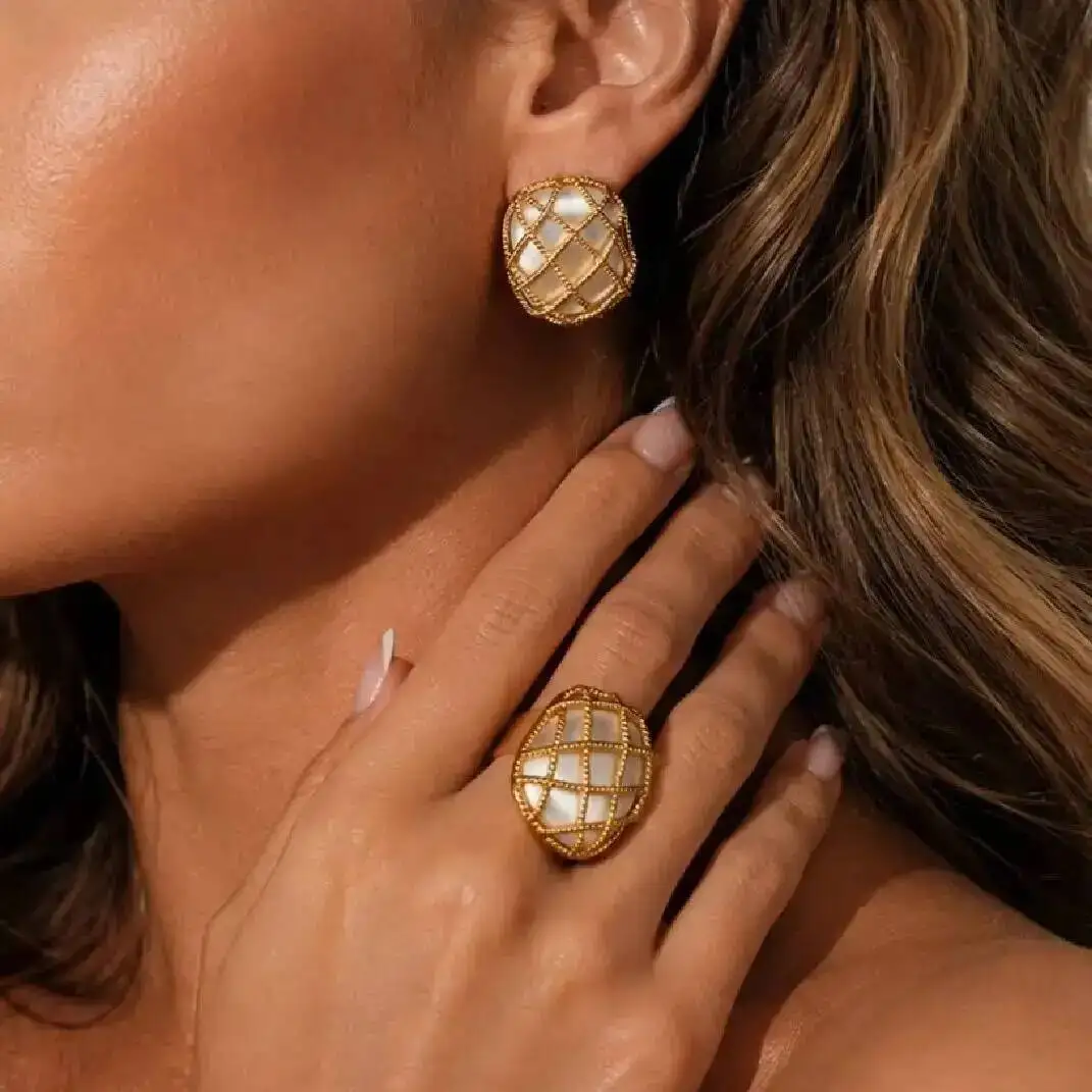 

SHIXIN Baroque Luxury Imitation Pearl Hollow Reticulation Stud Earrings Rings Set Women Vintage Elegant Wedding Banquet Jewelry
