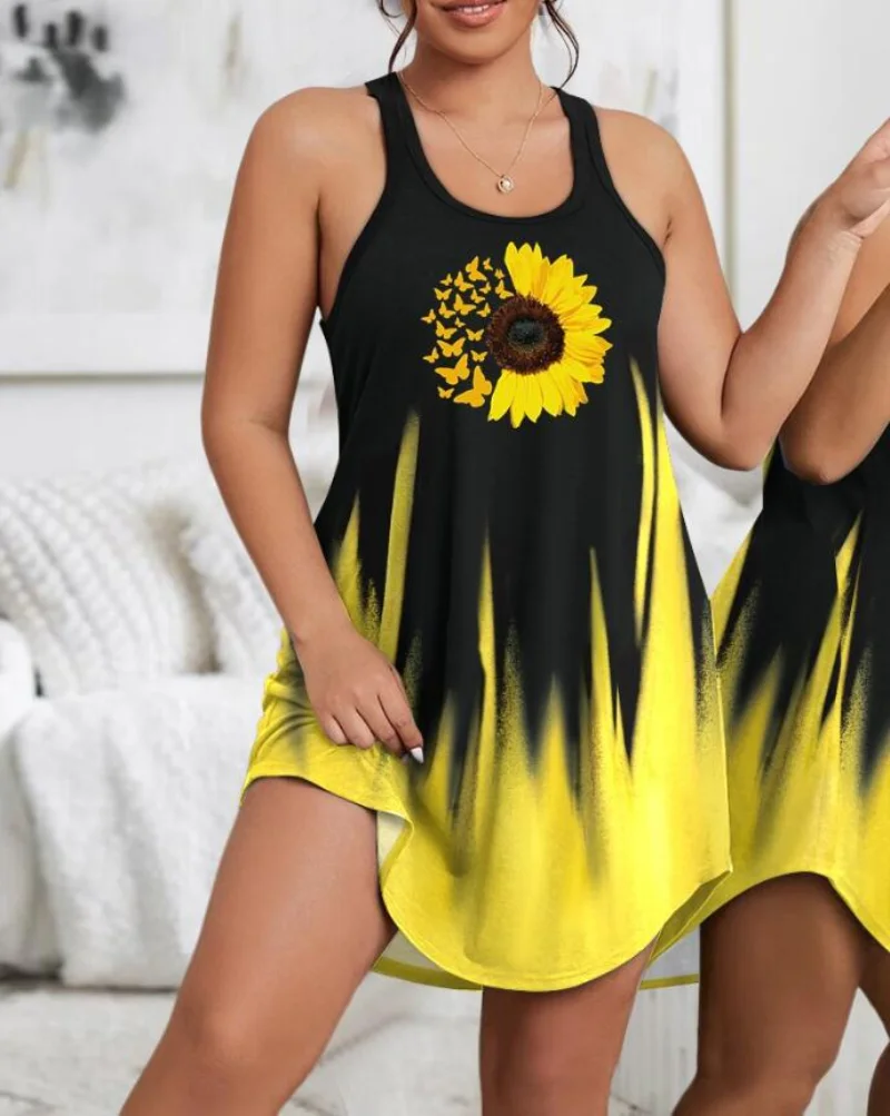 

Sunflower Print Ombre Sleeveless Sleep Dress Women High Waist Fashion Casual Mini Dress