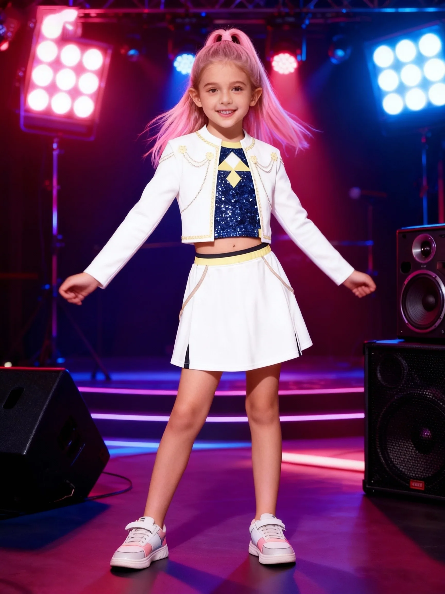 Kids Girls 3-Piece Stage Outfit, Gold Trim White Jacket + Sequin Crop Top + Skirt Set for Dance & Performance
