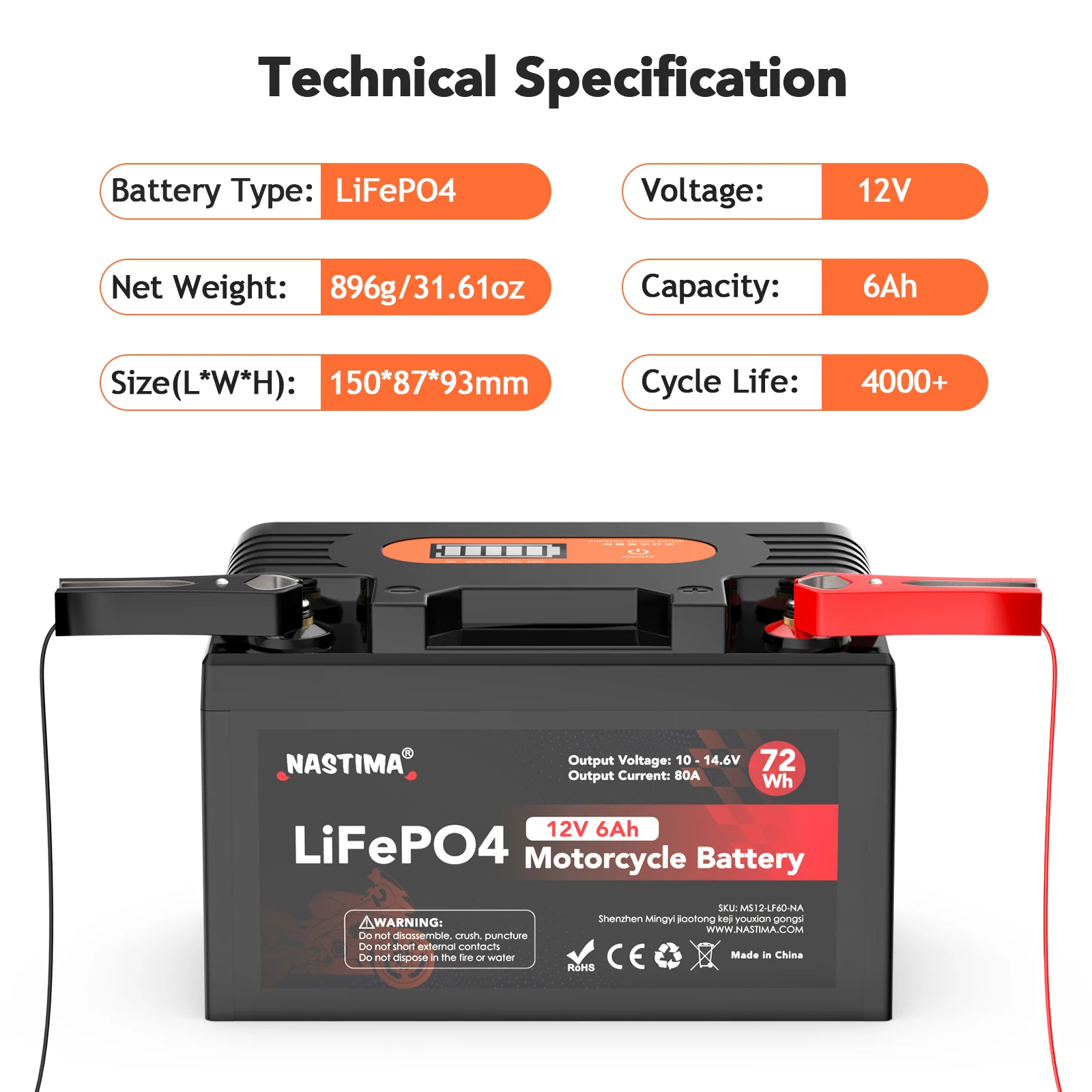 Nastima 12V 6Ah Lifepo4 Battery for Motorcycle YTX7A-BS LiFePO4 Motorcycle Starter Battery for Mopeds, Scooters, Snowmobiles