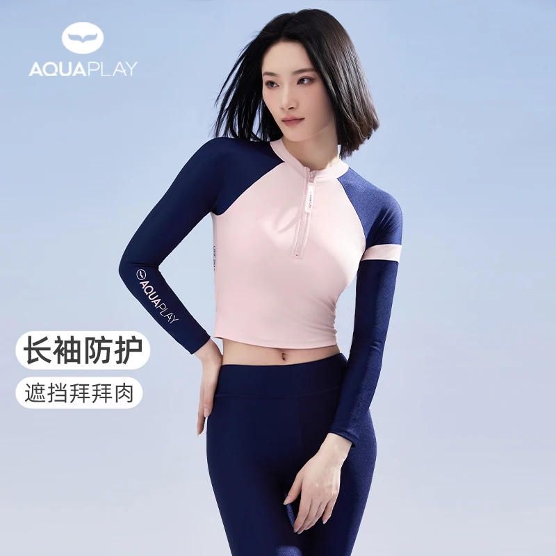 AquaPlay 2025 New Summer Women Sports Swimsuit Fitness Full Zip Swimsuit Beach UPF50+ Rash Guard Long Sleeve Surfing Suit Diving