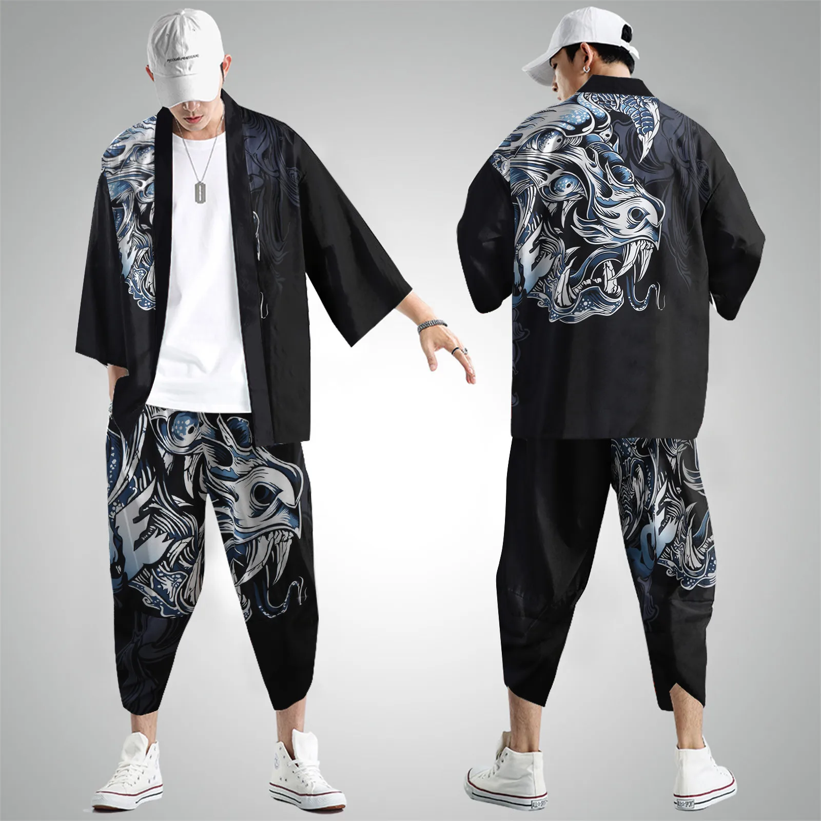 Mens Leisure Relaxed Antique Digital Printing Kimono Cassock Cardigan Shirt Pants Shirt Suit Half Sleeve Cardigan Print 2 Pieces