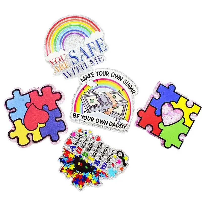 1PC Glitter Acrylic Autism Rainbow Dollar Charms Fit DIY ID Card Badge Holder Jewelry Making