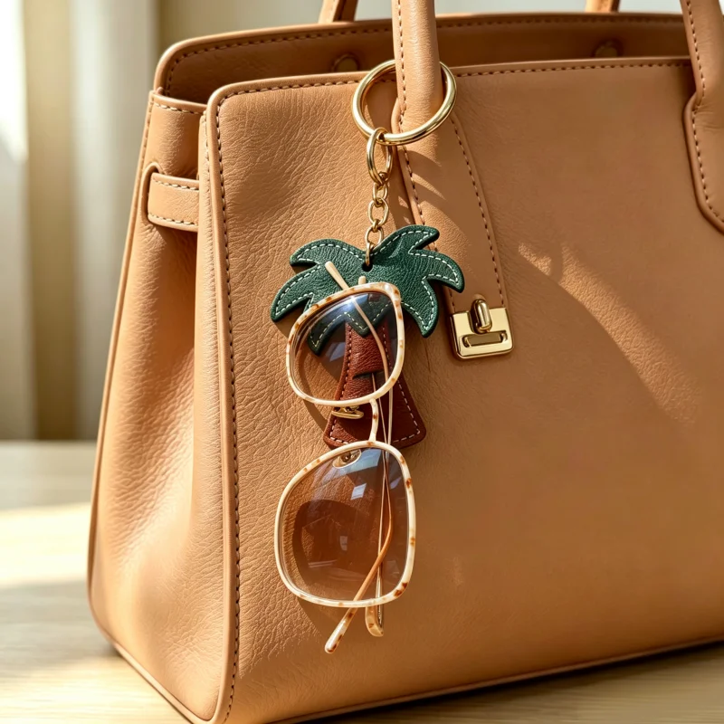 Palm Tree Eyeglass Holder Keychain, PU Leather Sunglasses Clip Bag Charm Pendent Ornament