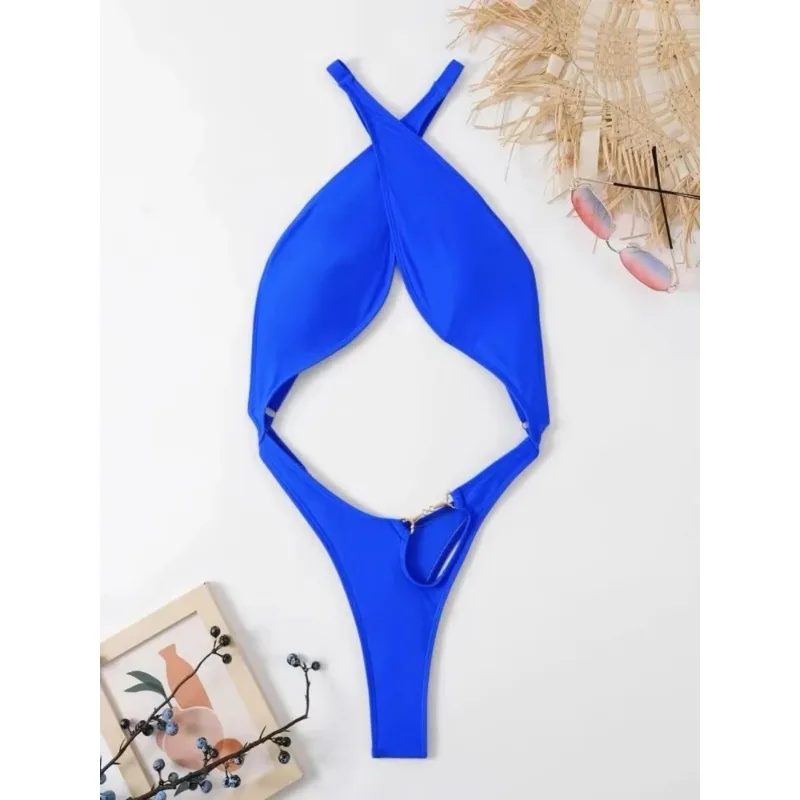 Sexy Solid Blue One Piece Swimsuit 2024 Women Halter Cross Cut Out Thong Swimwear Bathing Suit Backless Micro Push Up Bikini