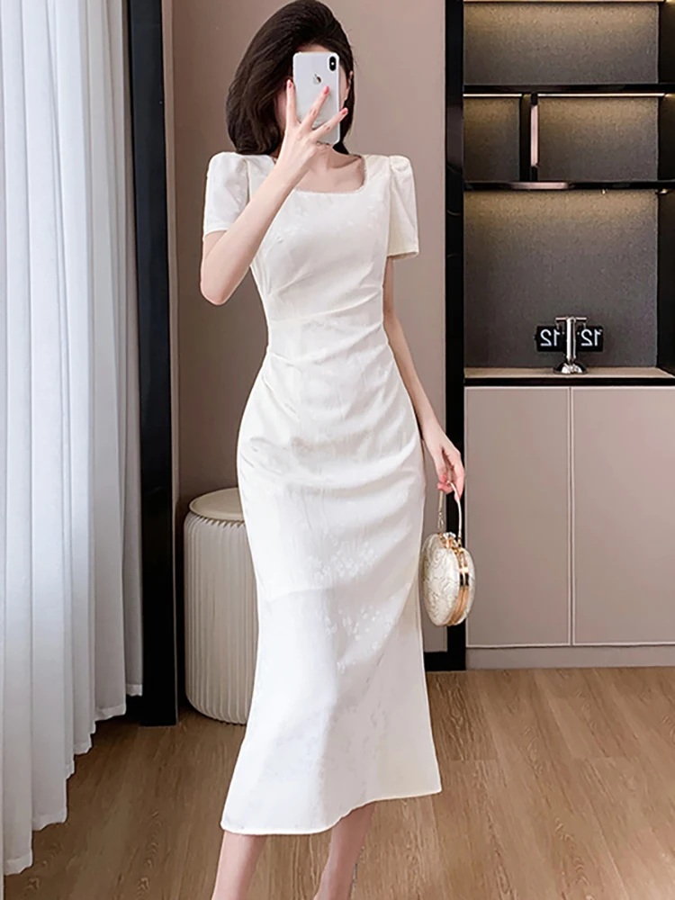 Femmes coréennes Vintage luxe fête robes été blanc Jacquard diamants col carré robe mi-longue 2025 robes moulantes élégantes