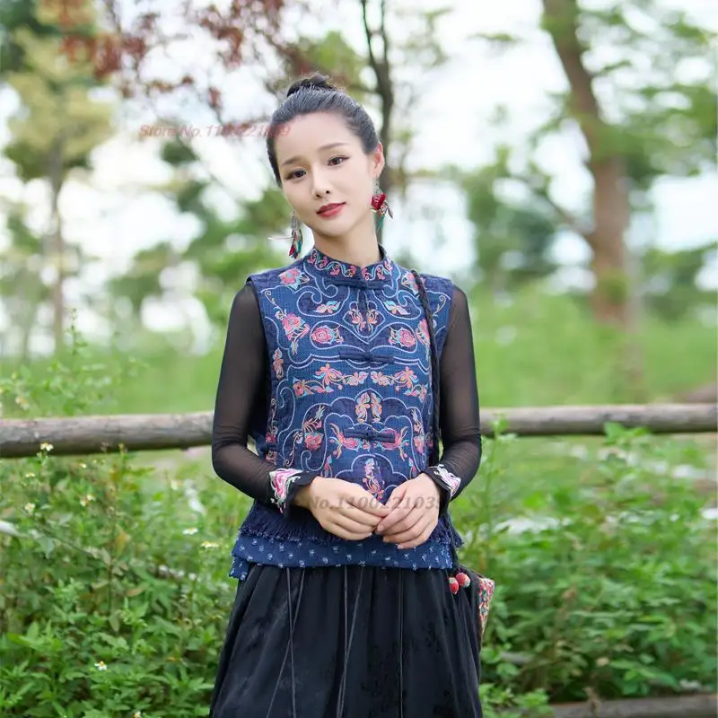 2024 flower embroidery stand collar vest chinese women retro vest traditional ethnic gilet hanfu tops casual sleeveless jacket