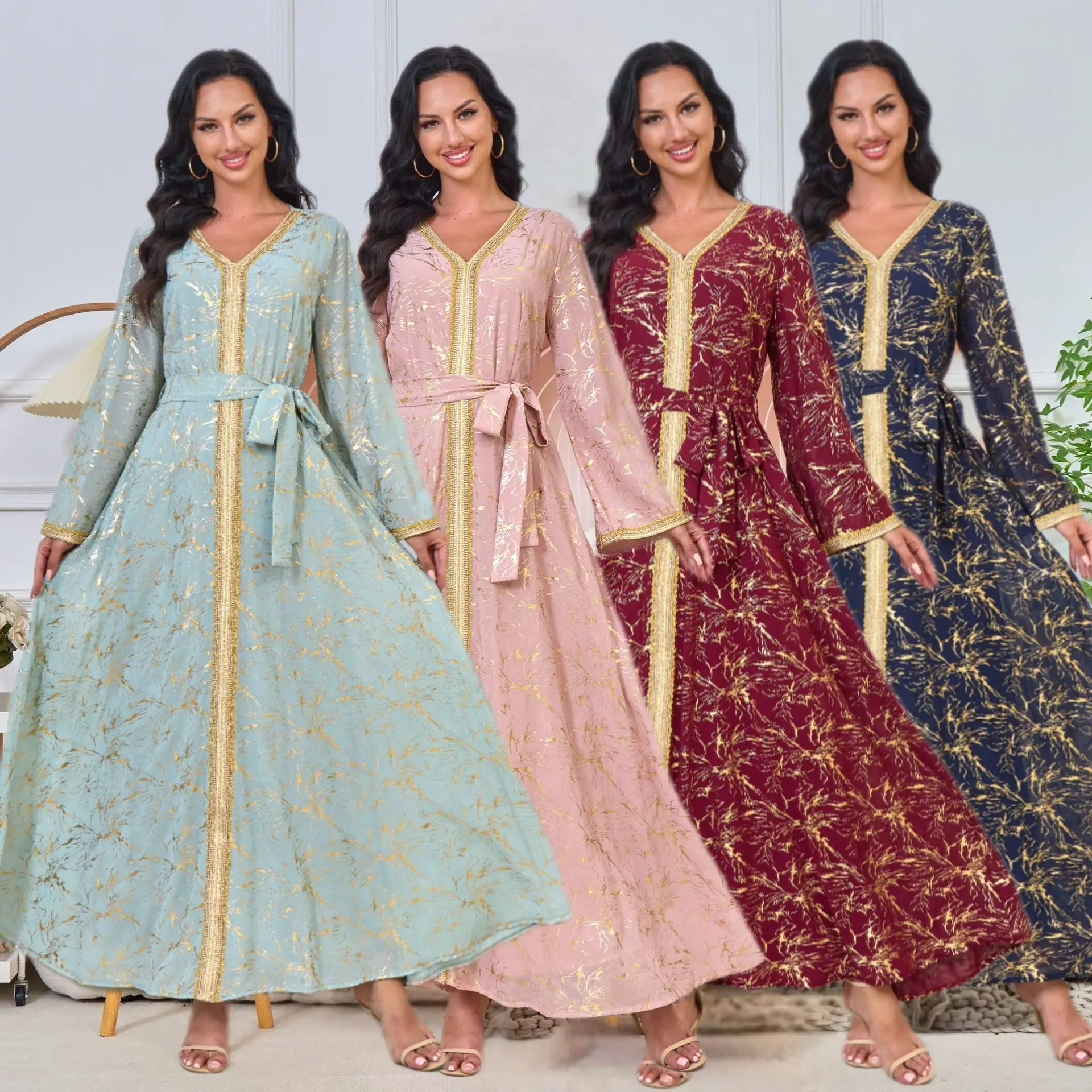 MT170 Dubai Muslim New Instagram Style Hot Stamped Robe Fashion V-neck Large hem Dress for Women