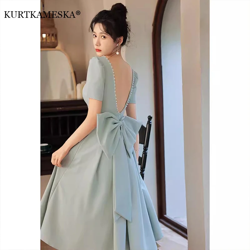 Sexy Backless Dress Bow Short Sleeved Elegant Ball Dresses Birthday Party for Women Pearl decoration Evening Dress 2024