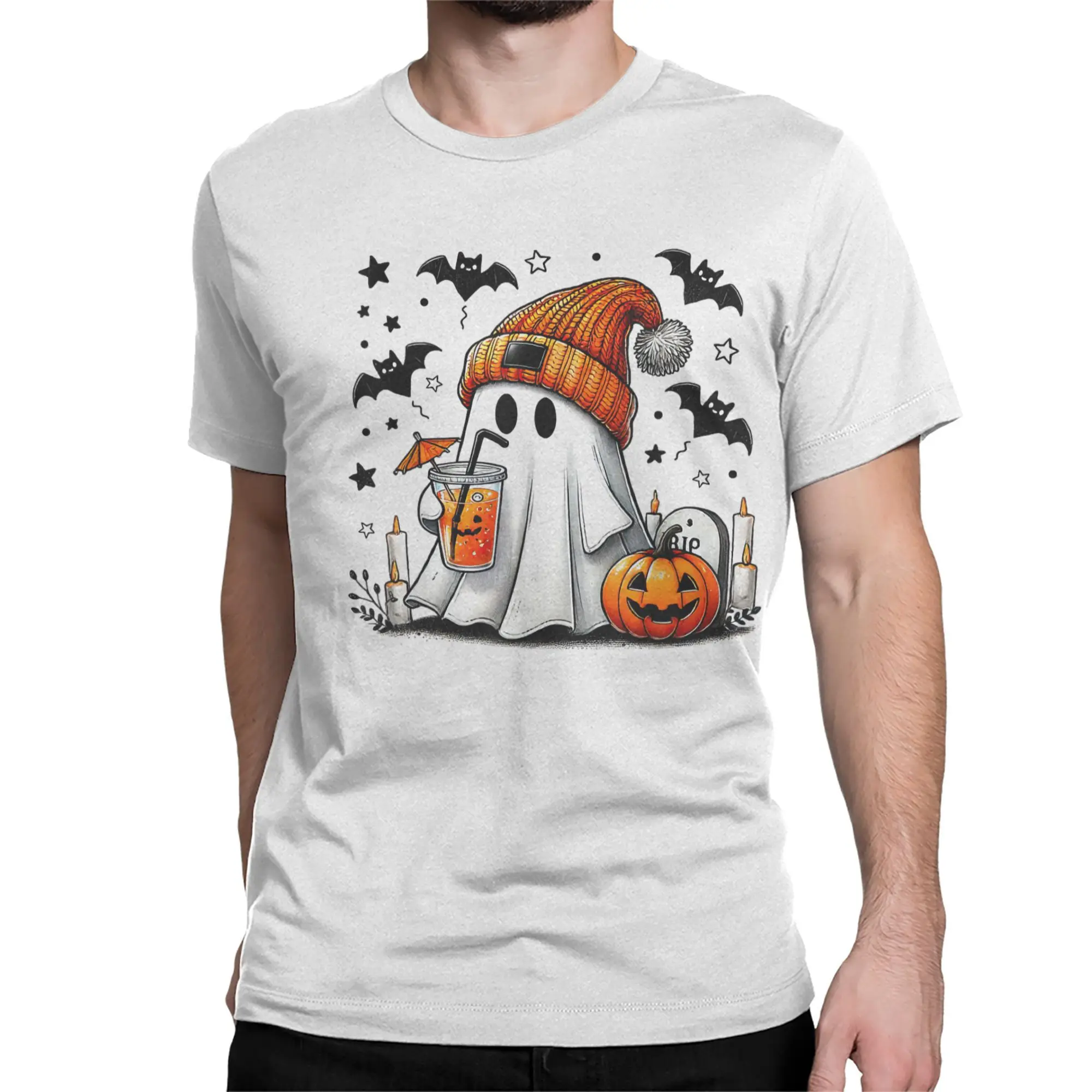 ゴーストハロウィンフラワーメンズ Tシャツヴィンテージ Tシャツ半袖クルーネック Tシャツ綿 100% プラスサイズの服