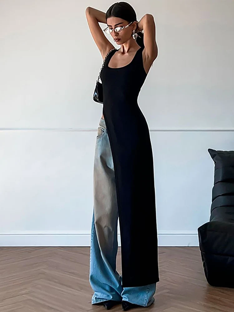 Abito longuette sexy senza maniche con spacco alto sul lato Abito longuette da donna senza schienale Summer Party Club Streetwear Stile Y2K Tinta unita