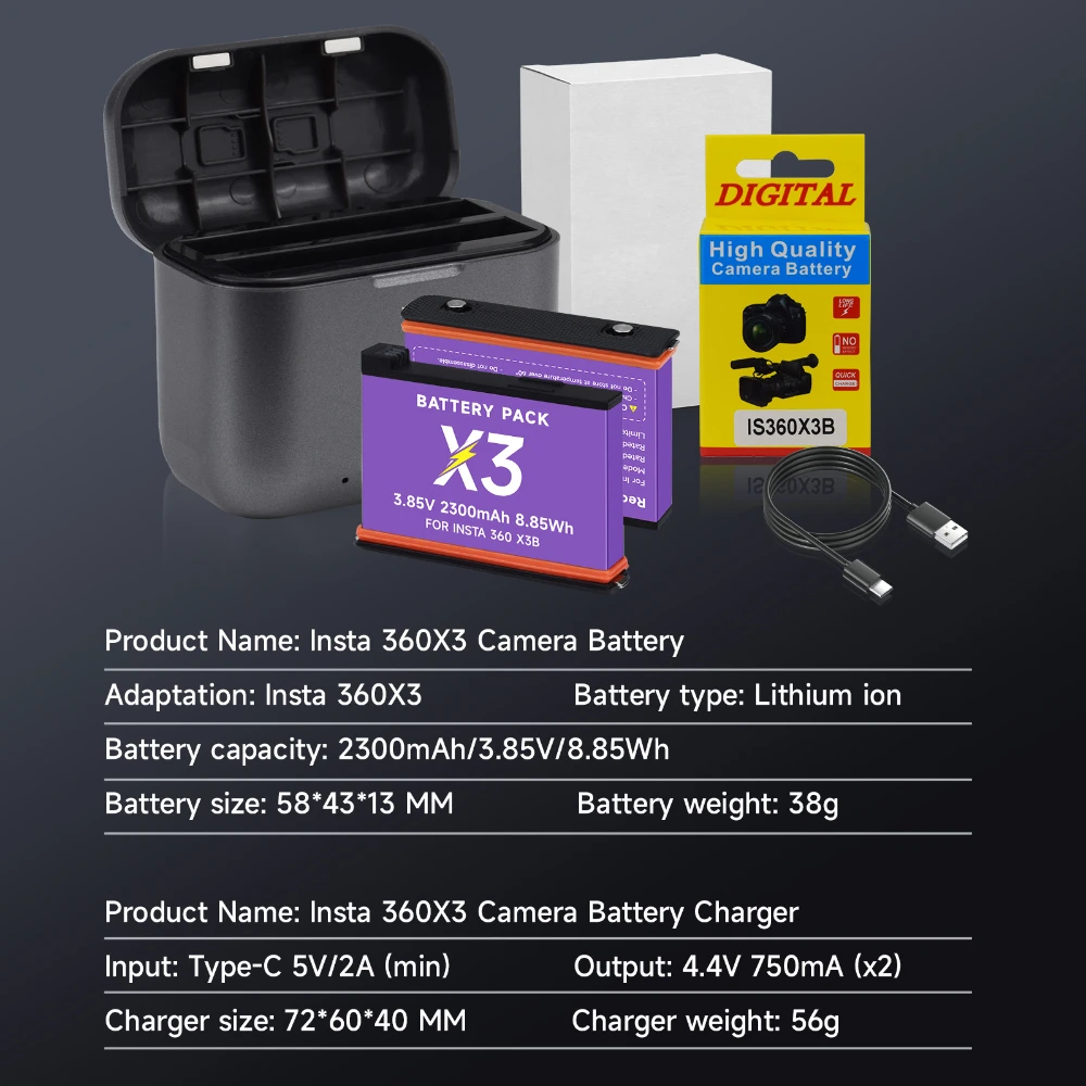 PALO Insta360 X3 X3B Battery With 2 Slots LED Charger For Insta360 ONE X3 Panoramic Action Camera Batteries Accessories