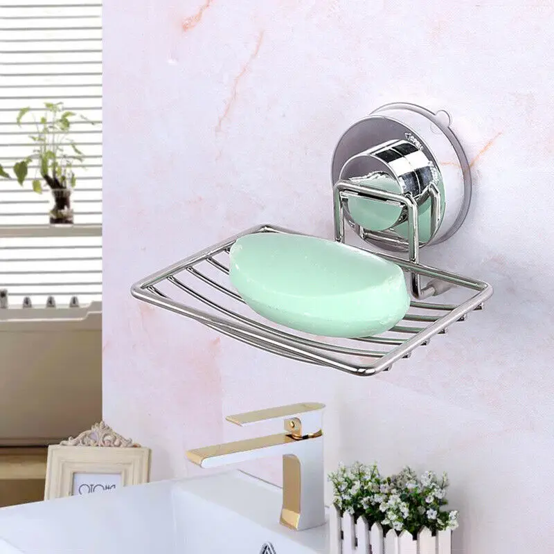 Soap Rack Wall Mount Strong Vacuum Suction Cup Stainless Steel Soap Dish Holder Rack Bathroom Rack Soap Dish Shower Storage