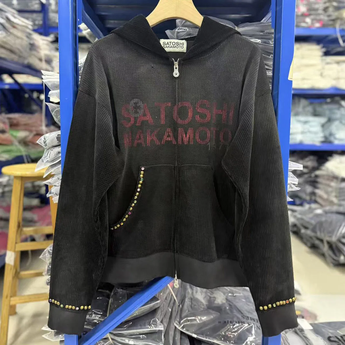 Letter Print Destroyed Rivet Washed Retro Zipper Hooded Hoodie Jacket for Men Streetwear Loose Casual Sweatshirt Oversized Hoody