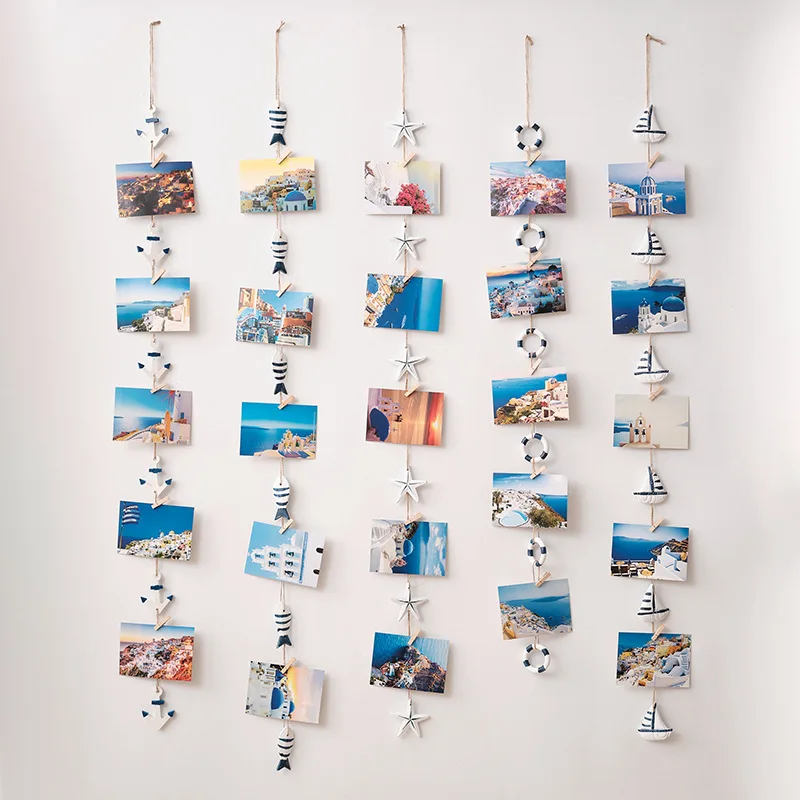 Shell Life Buoy Small Fish Wall-mounted Photo Display Rope With Clips Hanging Photos Clamp Home Decor Tassel Photo Hanging Rack