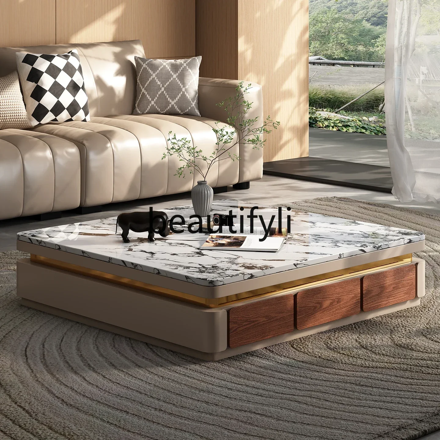 GG High-end Villa Natural Marble Solid Wood Coffee Table Living Room Luxurious Feel