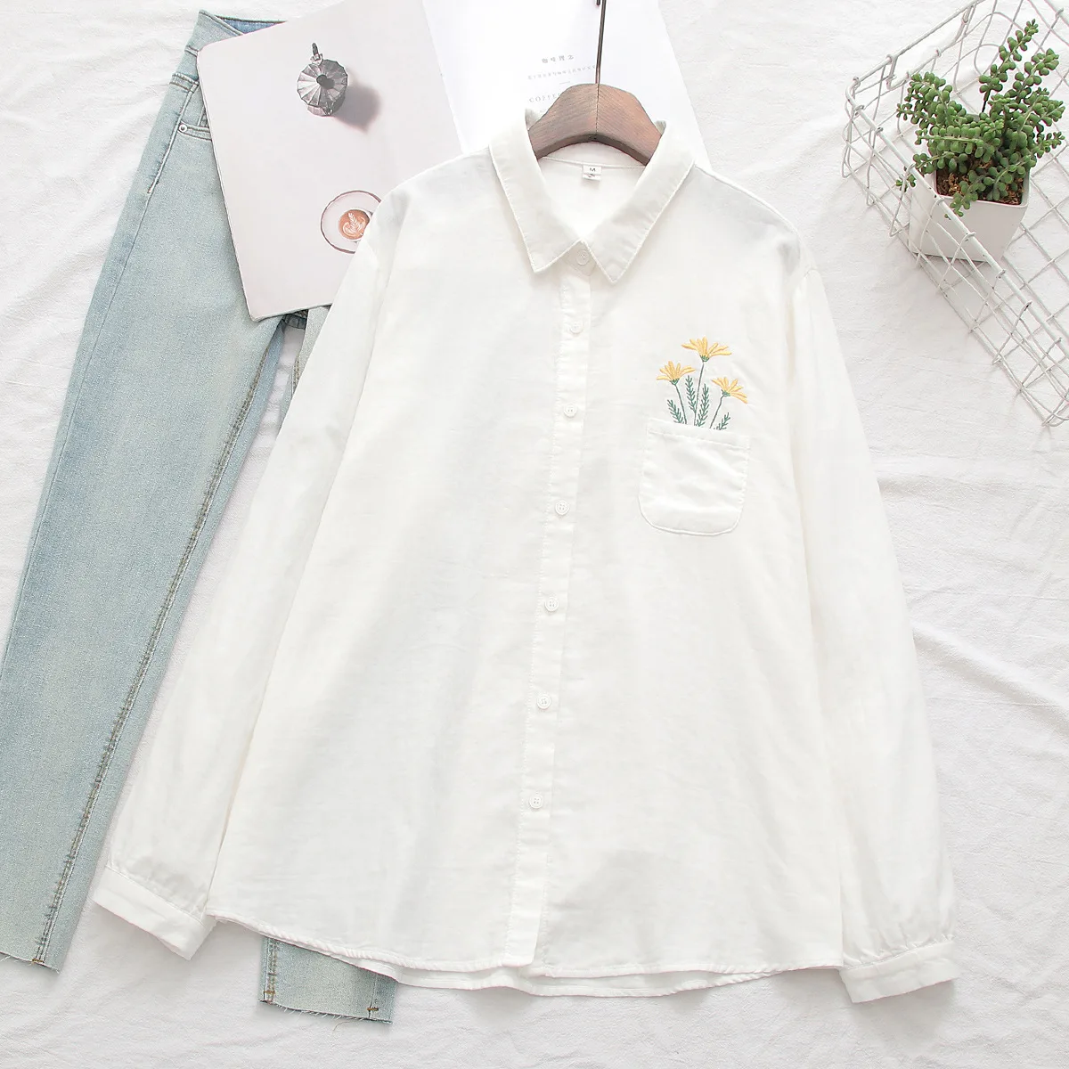 100% Cotton Yarn Elegant Blouses for Women 2025 Spring Japan Style Fresh Small Daisy Embroider White Shirts and Blouses