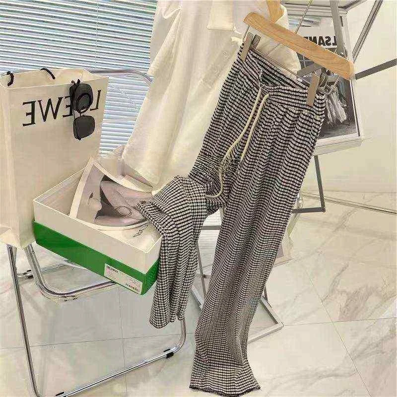 Pantaloni casual plissettati scozzesi bianchi Bla da donna a vita alta gamba larga misto cotone vestibilità comoda coreano Sle Spring Faion