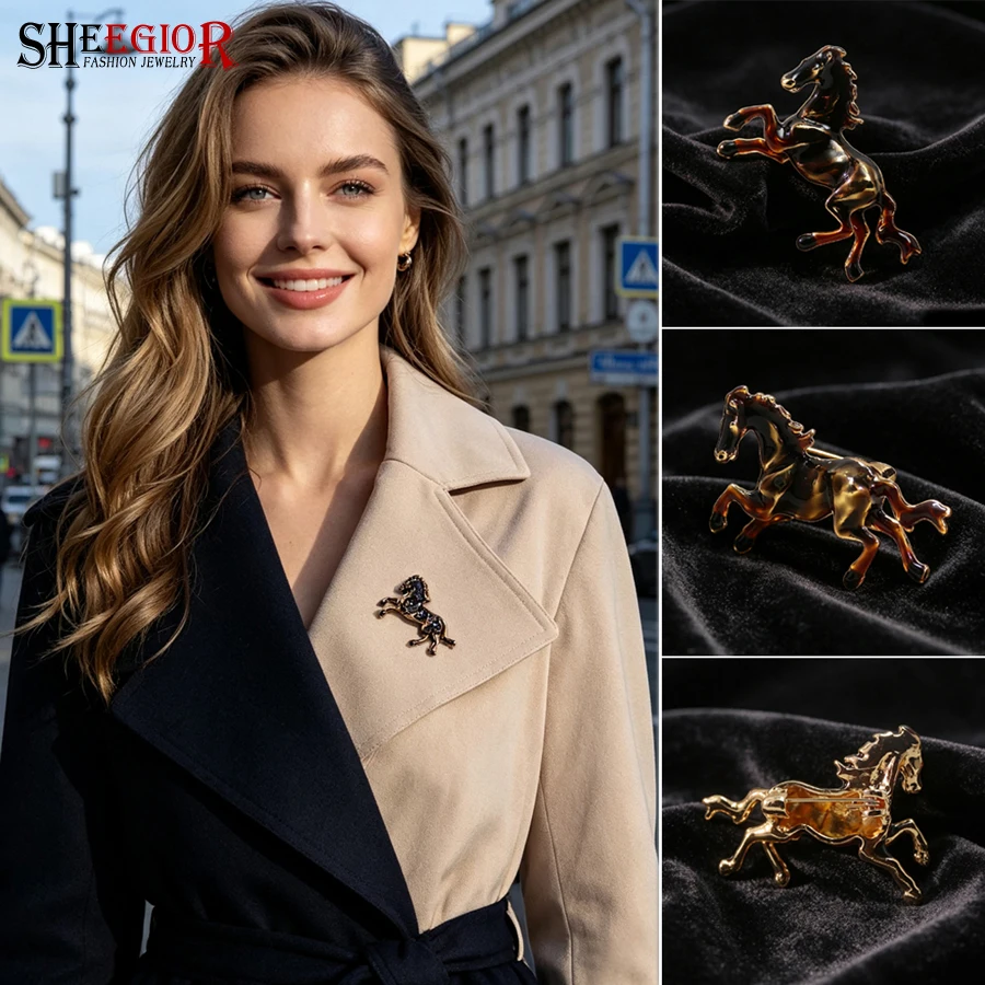 Vintage Enamel Galloping Horse Brooch Lapel Pins Retro Cartoon Brown Drip Oil Animal Brooches Fashion Badge Decoration Accessory