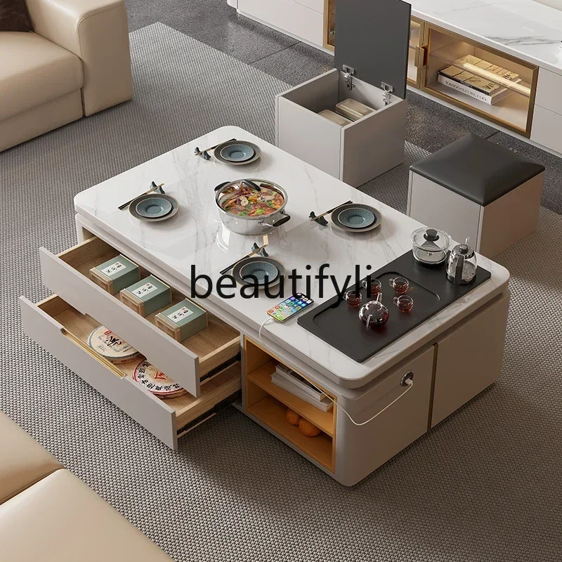 

LXSolid wood Kung Fu tea table, multi-functional with induction cooker, hot pot integrated rock slab boiling waterSSS
