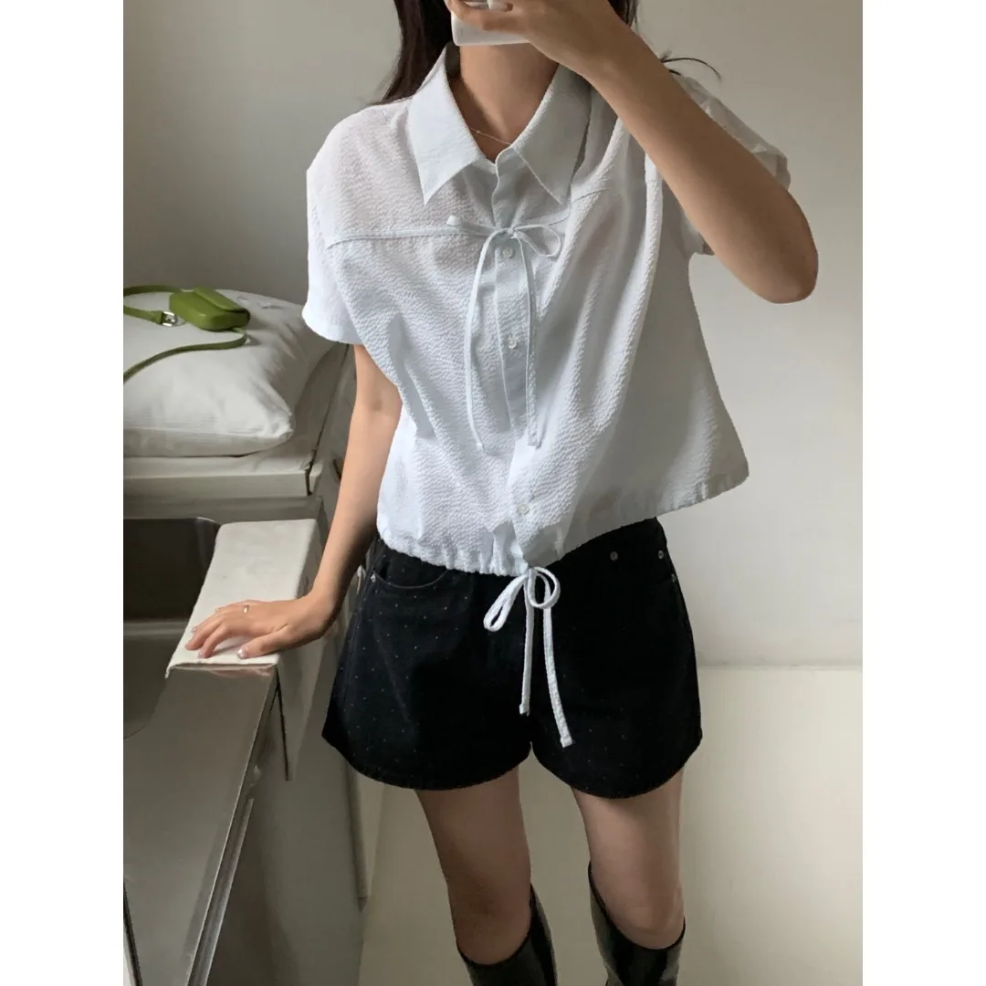 Zomer Bubble Stripe Single Button ort Sve irt Strikje Koreaanse Sle Dames Faion Lente Herfst Winter Vrijetijdskleding