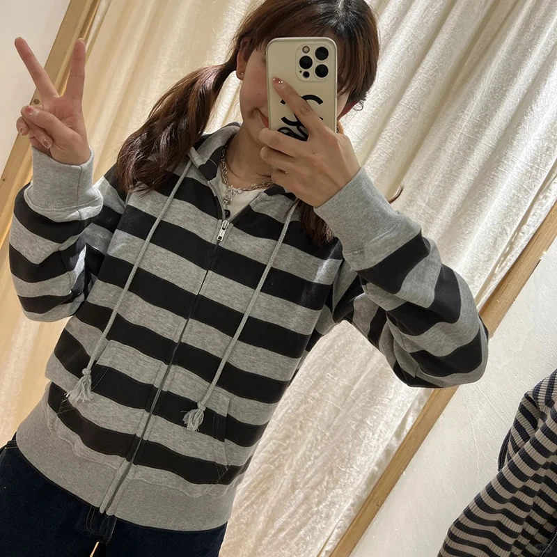 Vintage Stripe Pockets Hoodies Women Autumn New Warm Drawstring Long Sleeve Cardigan Top Casual Streetwear Y2K Sweatshirt Female