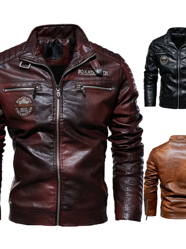

Men's Fce Lined PU Leather Jaet Motorcycle Sle Outerwear Slim Fit Cotton Blend Spring Summer Faion Casual Coat