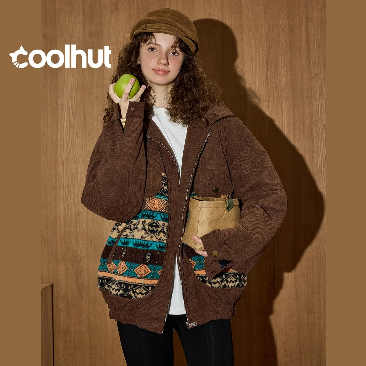 

COOLHUT женская этническая лоскутная парка с цветными блоками и лацканами, винтажное двустороннее пальто, вдохновленное народное искусство, свободная унисекс посадка