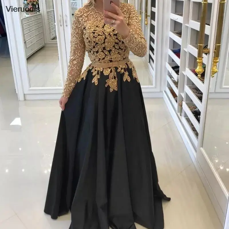 Gold Lace Evening Dresses 2022 Long Sleeve O-Neck A-Line Appliques Satin Elegant Party Prom Gown Floor Length Vestido De Noche