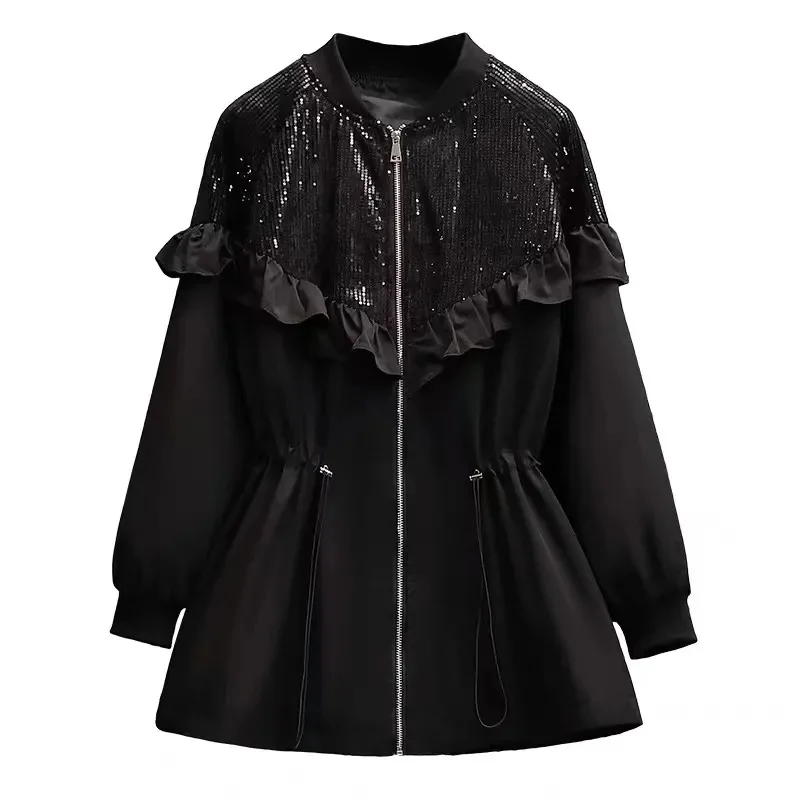 2023 Spring and Autumn Season New Popular Fashion Mushroom Lace Sequin Coat Women\'s Casual Top Early Autumn Waist Windbreaker V4