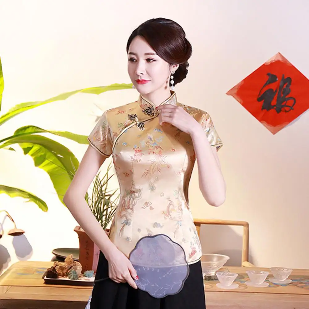 Women Blouse Shirt Chinese Traditional Cheongsam Qipao Dragon/Phoenix Cheongsam Embroidery Short Sleeve Women Shirt Top Oversize