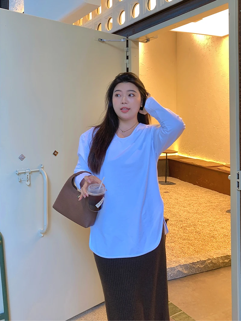 plus Size Women's White Long Sve Cotton T-irt Slimming Base Layer irt Autumn Winter Inner Wear Casual Comfortable Top