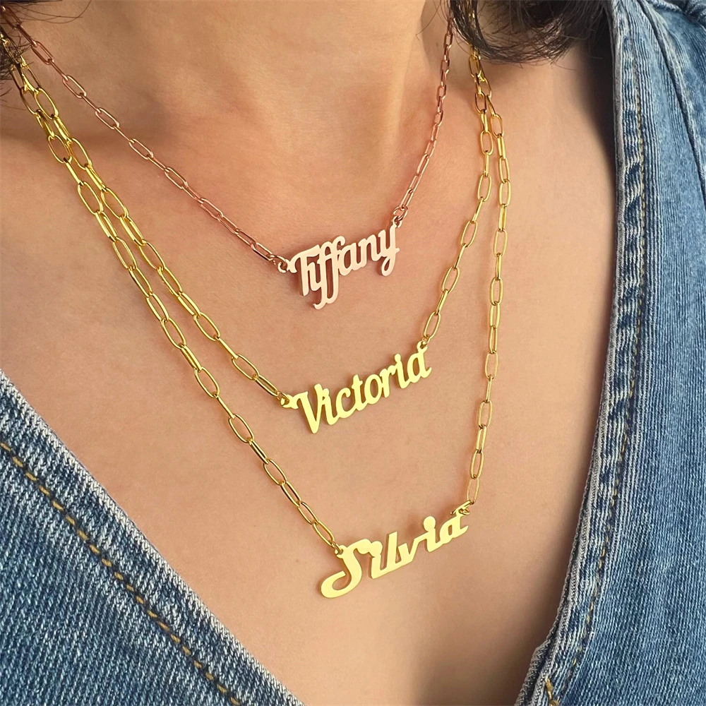 

Punk Paperclip Chain Name Necklace Personalized Jewelry Custom Nameplate Pendant Necklaces for Women Men Birthday Gift