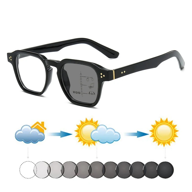Nouvelles Lunettes de Soleil Progressives Multifocales Photochromiques Carrées Rétro à Rivets Unisexe pour Hommes et Femmes, Verres TR pour Hypermétropie