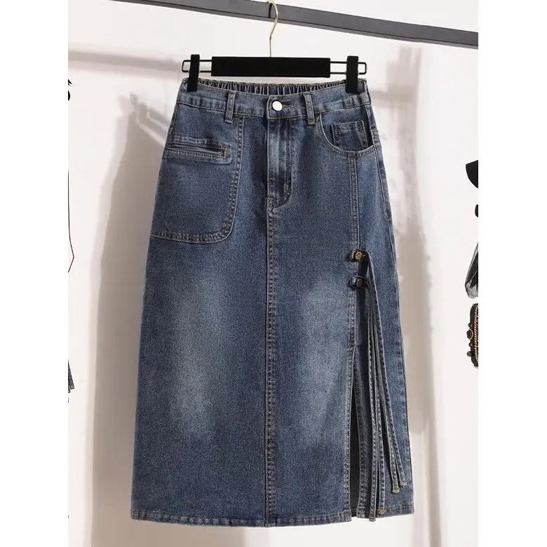 

Джинсовая юбка больших размеров на весну-лето с полуэластичной талией, тонкая, эластичная, повседневная, А-силуэта, для женщин и девушек больших размеров