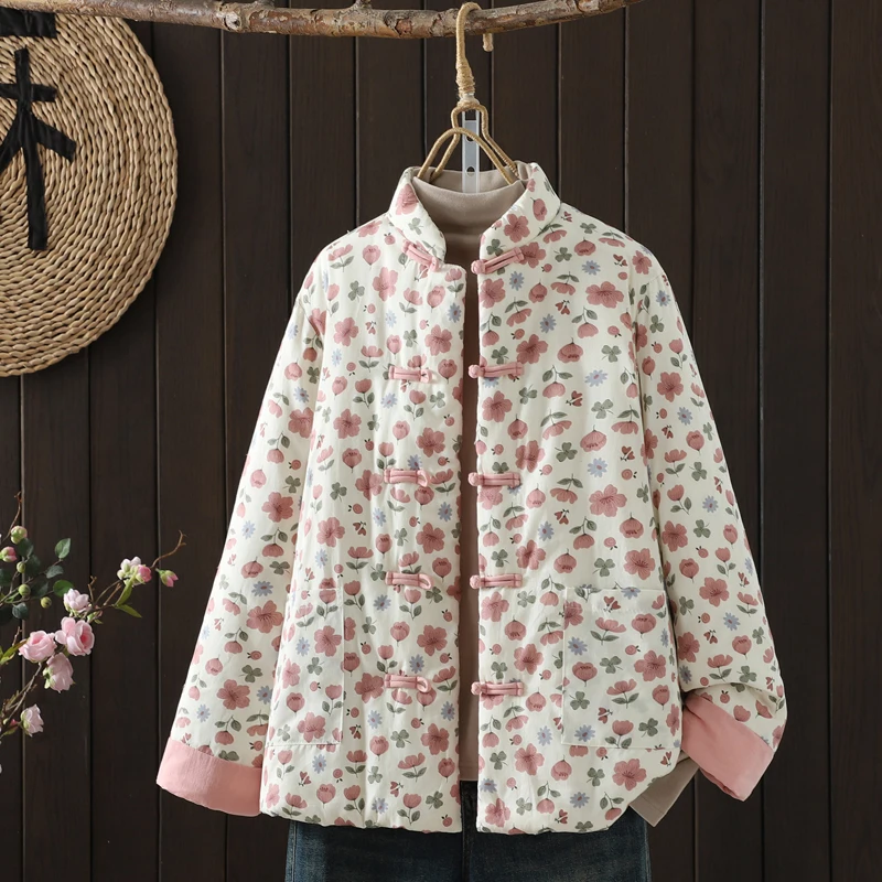 

Новое китайское хлопковое пальто с цветочным принтом, женское свободное зимнее пальто, теплая внутренняя хлопковая маленькая верхняя одежда с хлопковой подкладкой