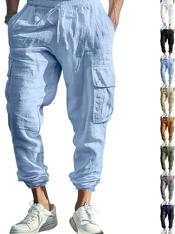 

Мужские повседневные брюки из хлопка и льна, свободного кроя, с карманами, прямые, вельветовые, для работы, осенние, с множеством карманов