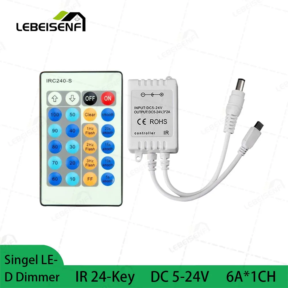 

LED Single Color Controller DC 5V 12V 24V 6A Constant Voltage PWM Dimmer with 24-Key IR Wireless Remote for Strip Light