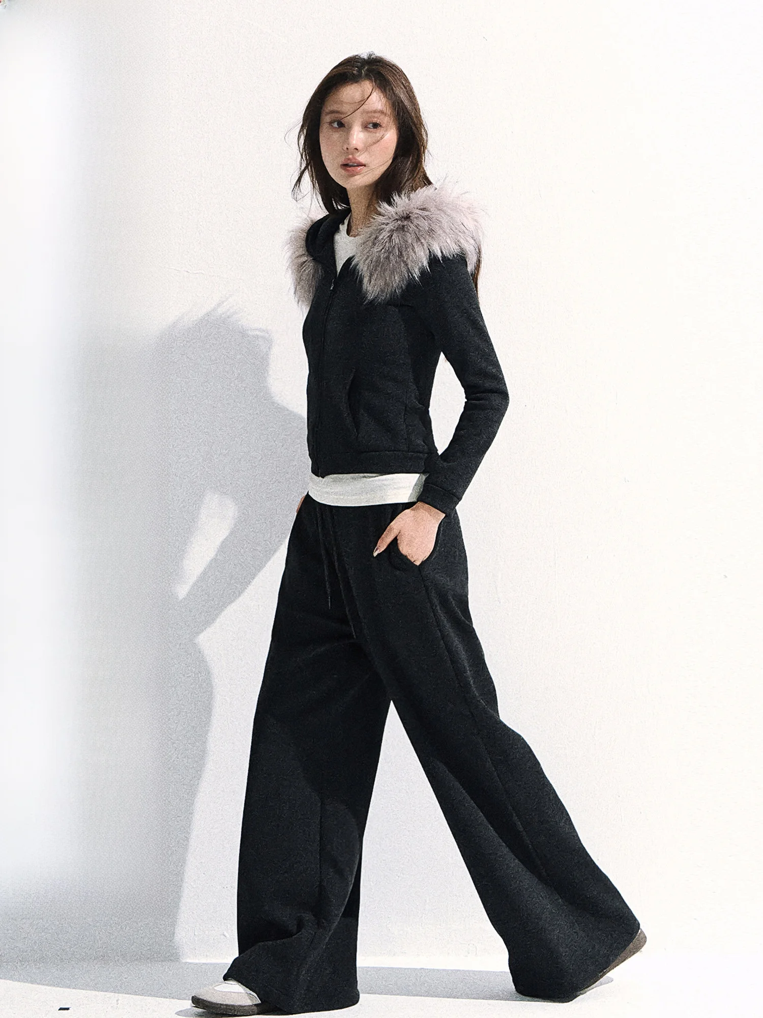 

0PASSION Women's Fce Lined Hooded Jaet And Wide Leg Pants Two Piece Set Winter Commute Sle Regular Fit Zipper Closure