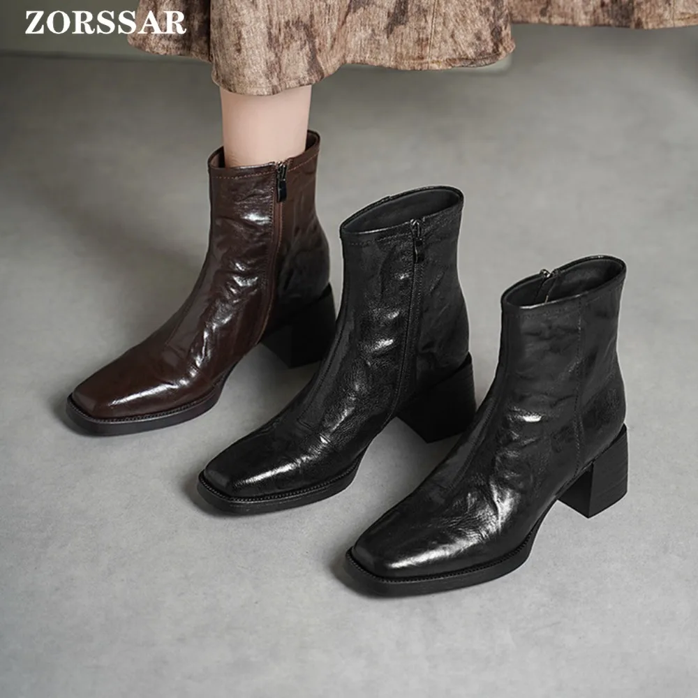 

2025 Autumn Winter Thick Heel Ankle Boot Fashion Square Toe Side Zipper Ladies Casual Chelsea Boots Shoe Soft Leather Short Boot