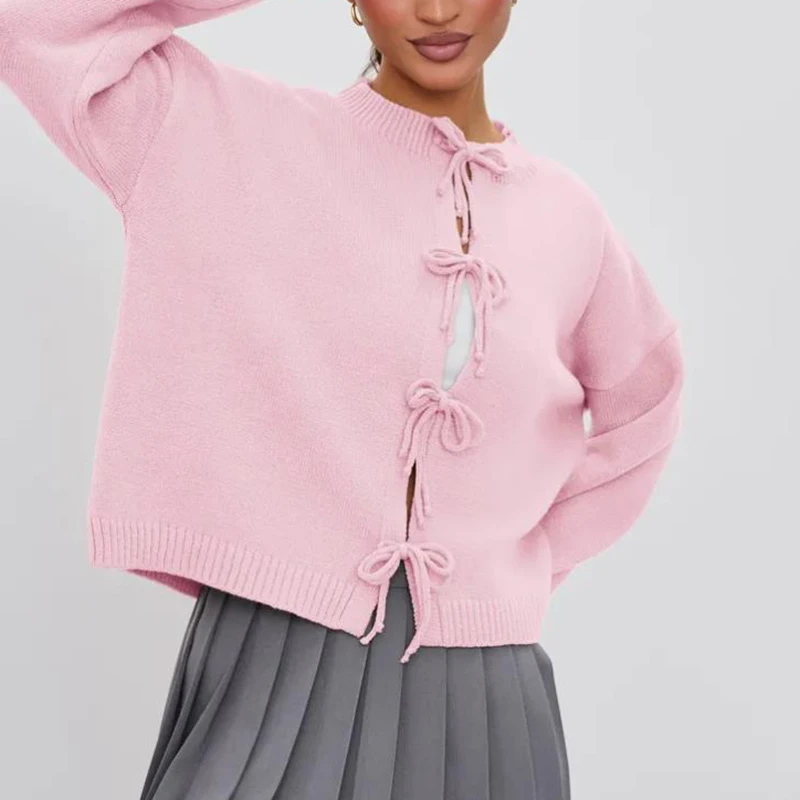 Herbst Winter Pullover Strickjacke Frauen O Neck Lace Up Kurze Pullover Für Frauen Mode Langarm Beiläufige Gestrickte Pullover