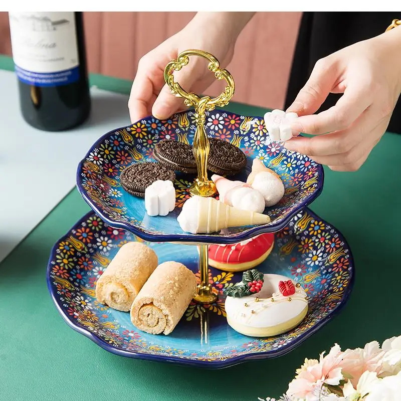 

Легкая роскошная керамическая тарелка с фруктами, скандинавский двухслойный стол для десертного торта, многослойный поднос для конфет для гостиной