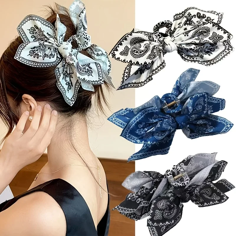 1pc Vintage Paris Paisley Pattern Hair Claw Clip - Large Bow Design, Premium Back-Of-Head Shark Clip Hair Accessory