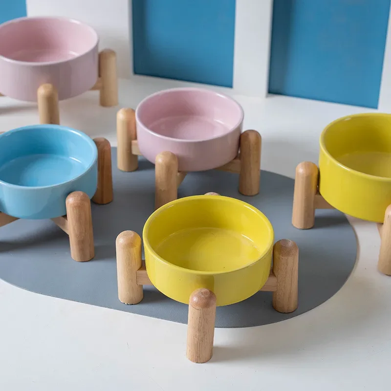 

Round Ceramic Pet Bowls Dog Bowl Pet Feeder Large Capacity High Foot Wooden Frame Bowls Protection Spine Cat Bowl