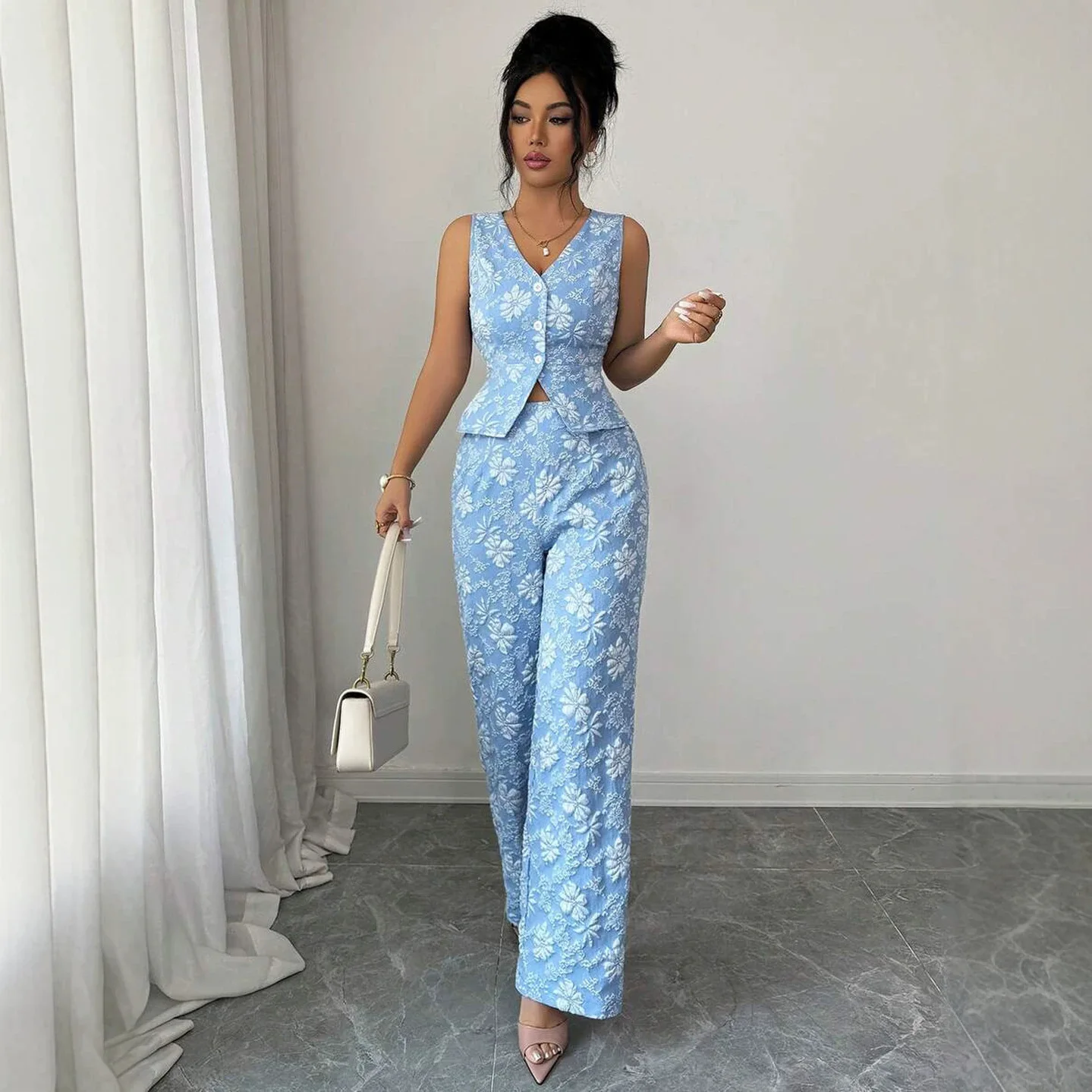

2026 Summer Women's Light Blue Jacquard Waist-cinching Vest Set With Elegant Wide-leg Pants Two-piece Outfit Vestidos Clothing